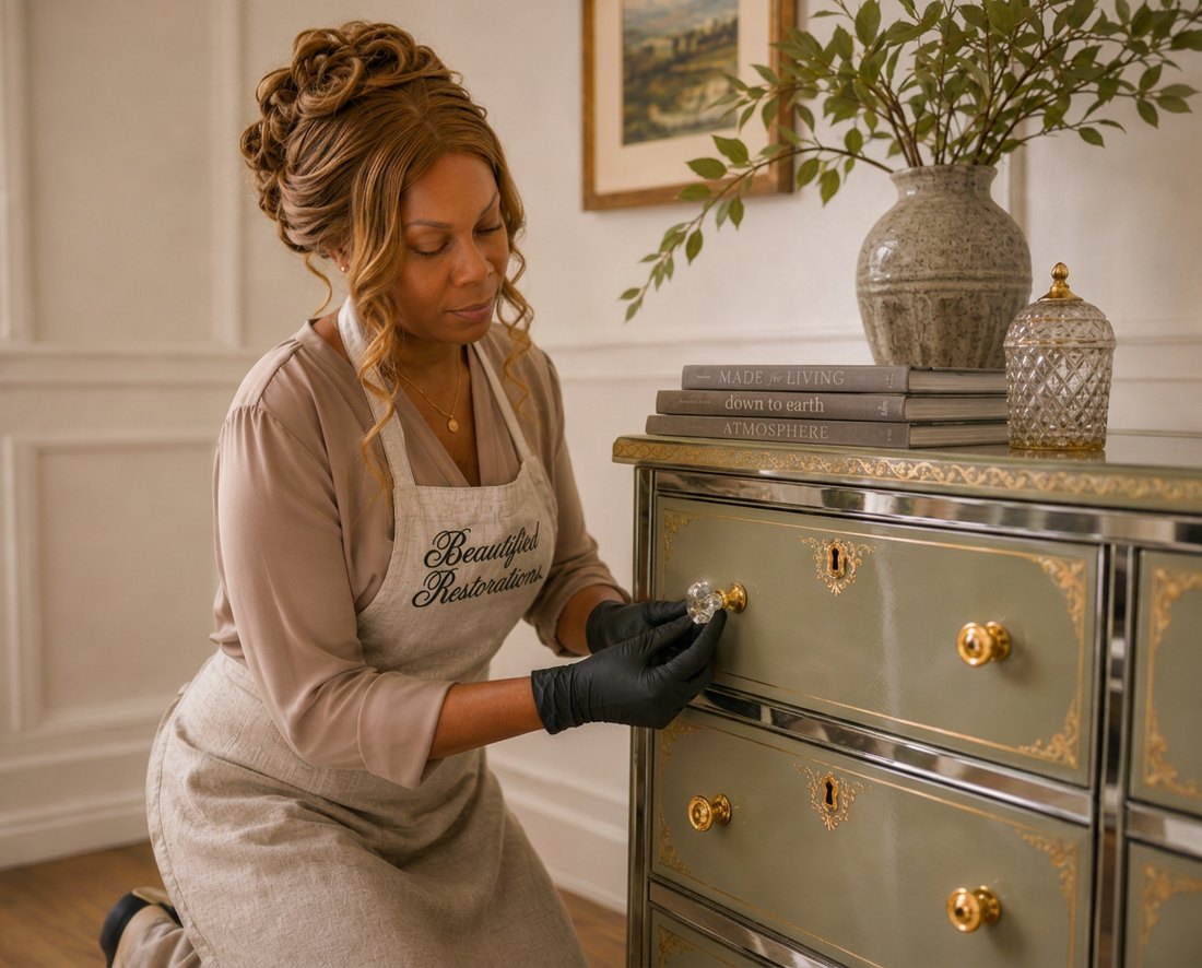 Beautified Restorations founder replacing a gold dresser knob with a crystal one