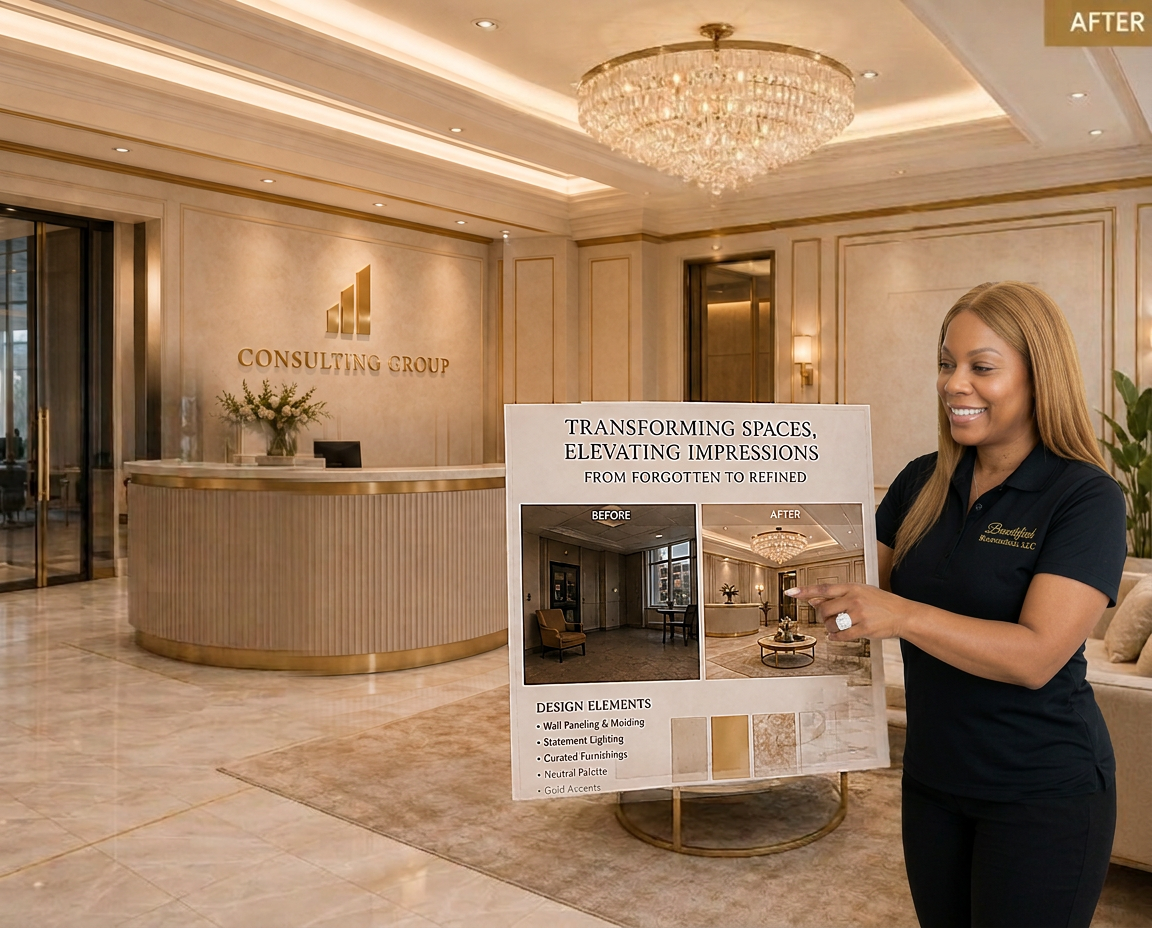 Beautified Restorations founder presenting a before-and-after board for a transformed office lobby