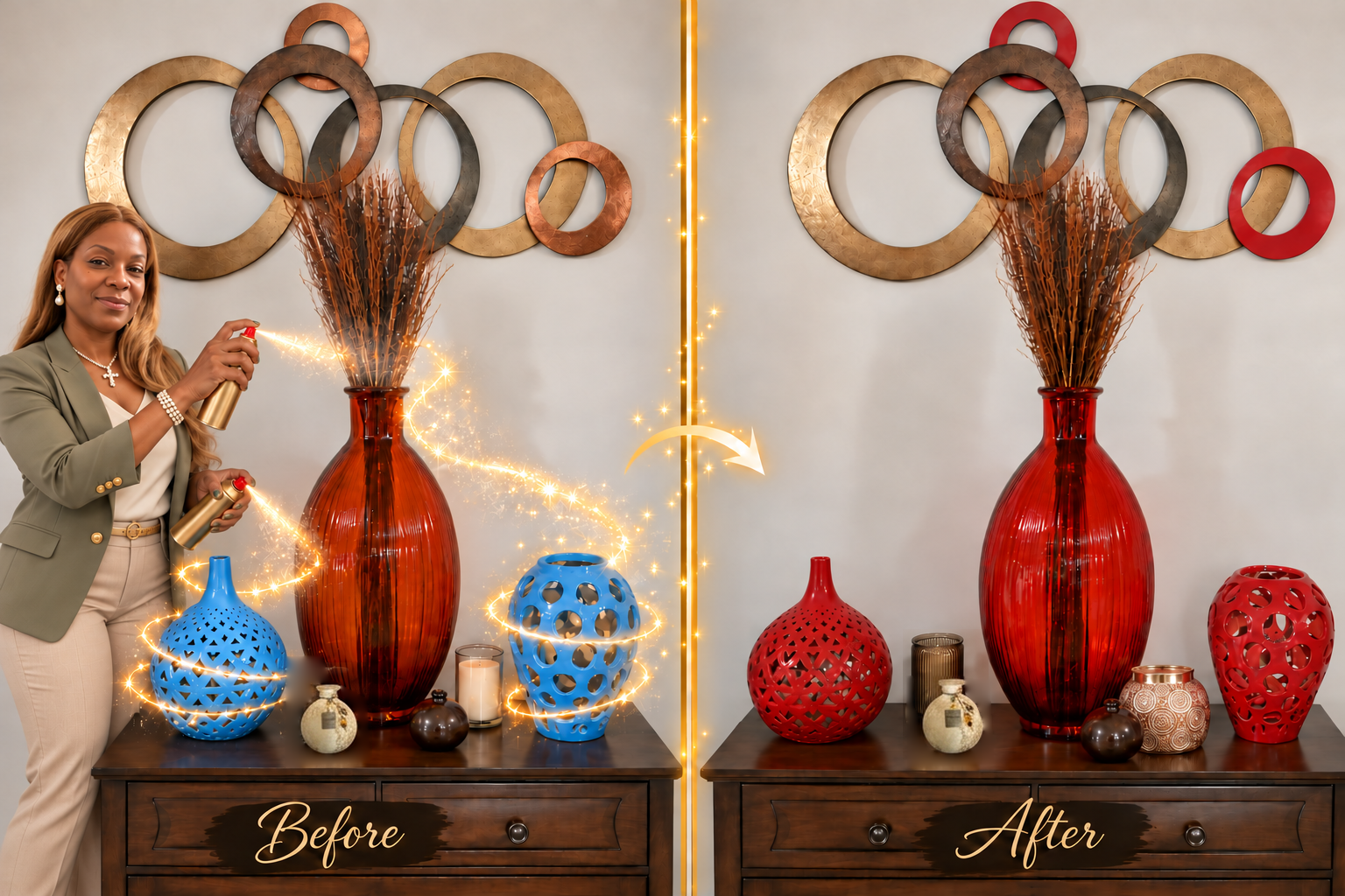 Beautified Restorations founder transforming a console of vases from amber and blue to rich red
