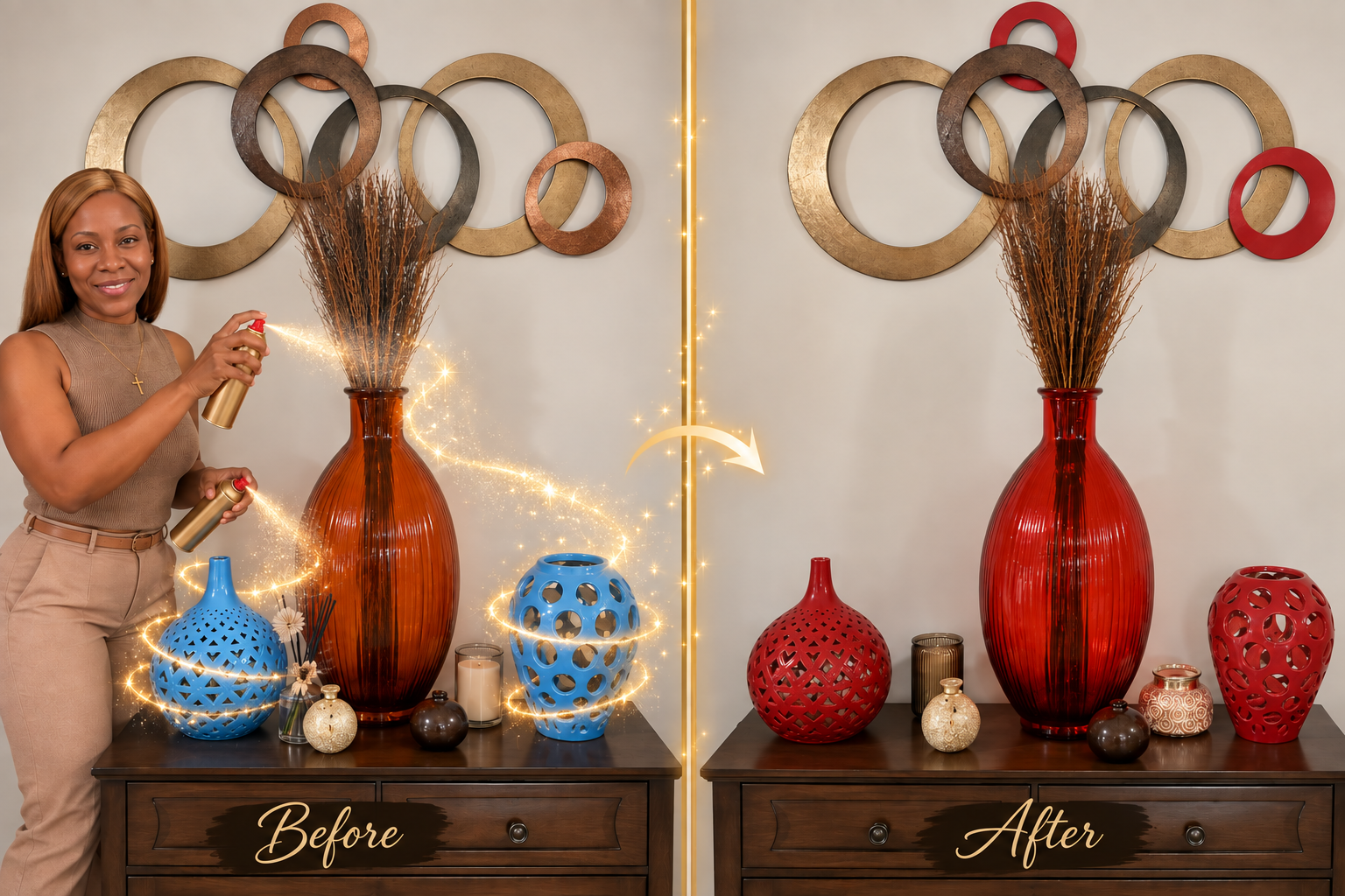 Beautified Restorations founder transforming a console of vases from amber and blue to rich red