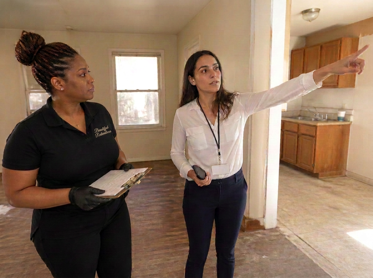 Beautified Restorations team member walking a vacant apartment with a leasing staff member ahead of a move-in clean